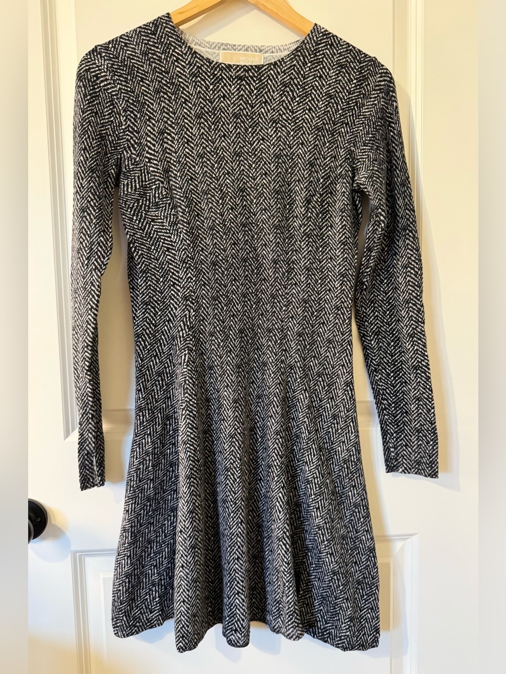 Michael Kors Black & White Herringbone Fit-and-Flare Knit Dress